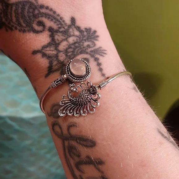 Rose Quartz Peacock Adjustable Bangle Bracelet - Picture 5 of 7